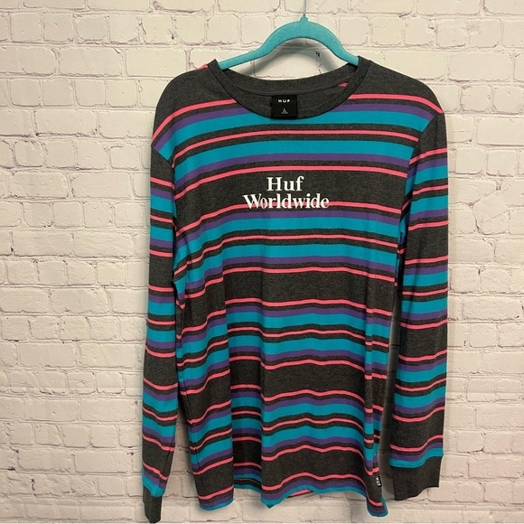 HUF Worldwide pastel striped preppy retro cotton tee, unisex, Large - Picture 8 of 8